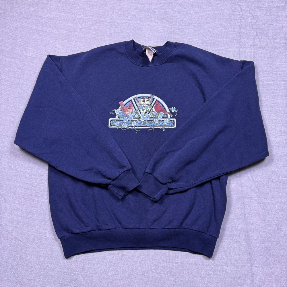 VTG Endless Designs Navy Blue Cardinal Bird‎ Floral Printed Sweatshirt Women's L